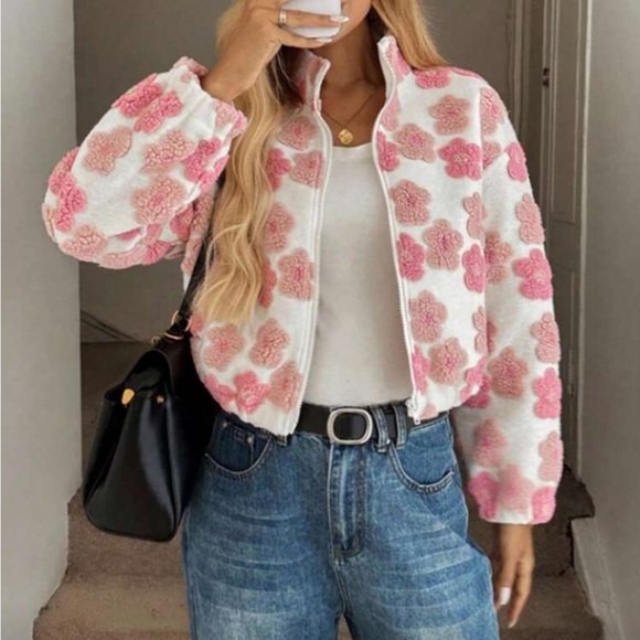 Boho Luxe White Pink Textured Floral Sherpa Zip Front Jacket Coat Holiday - Picture 7 of 9